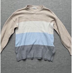 Arizona Jean Co Womens Small Colorblock Knit Sweater Blue Tan Cream Crew Neck